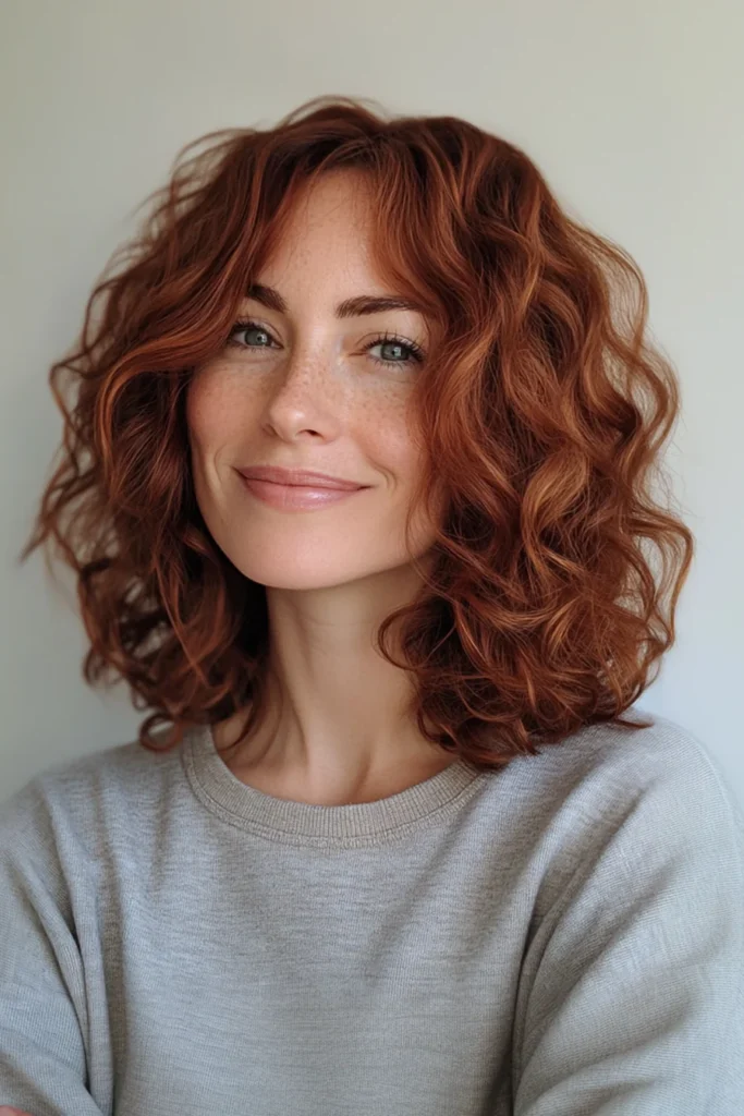 Voluminous Shoulder-Length Curls in Auburn
