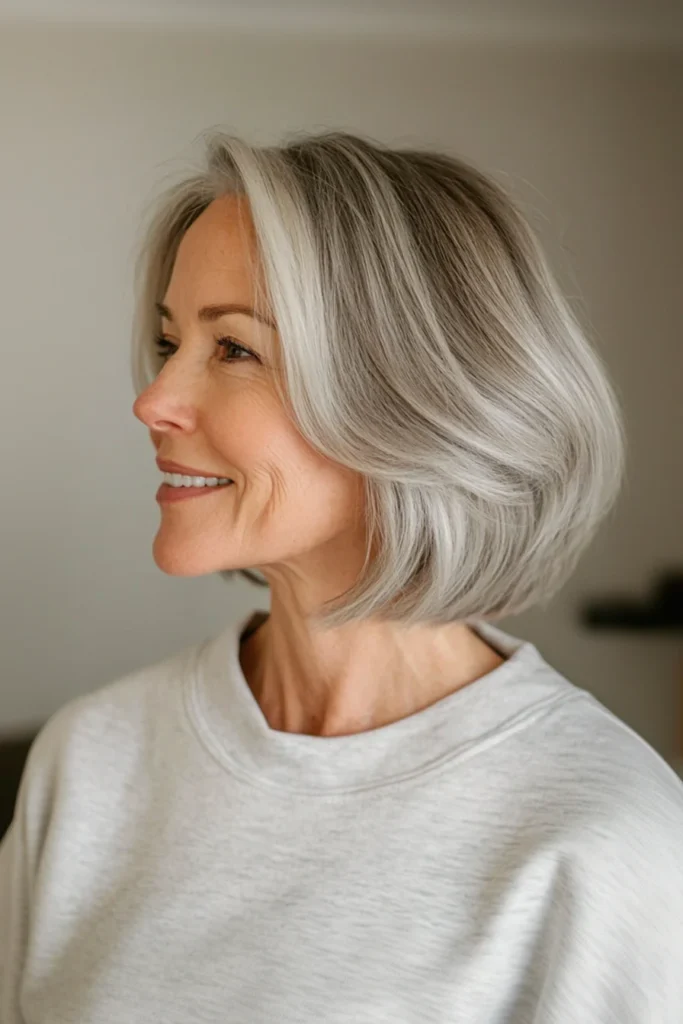 10 Stunning Bob Hairstyles for Women Over 50 7 Wispy Layered Bob with Silver Highlights